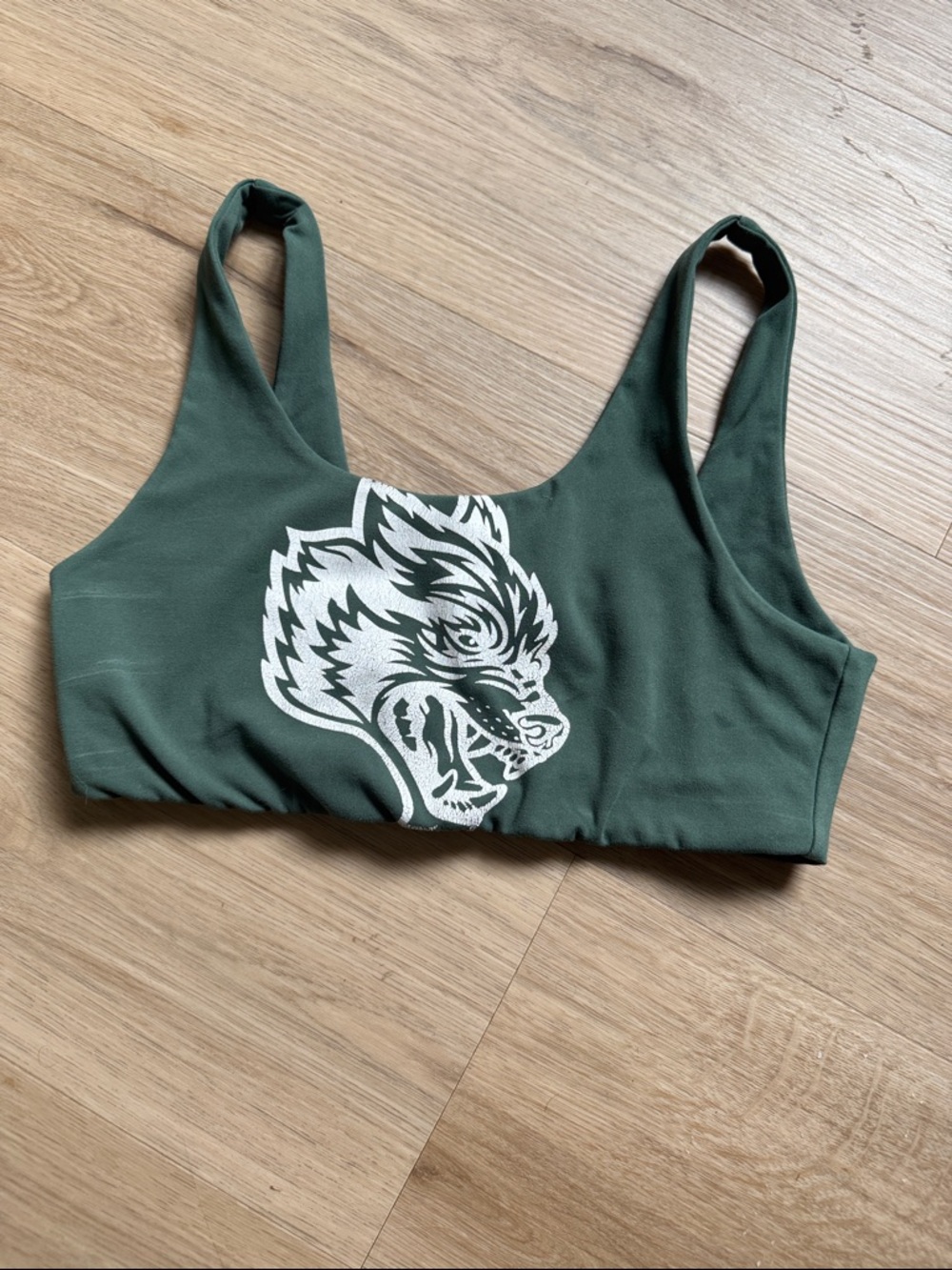 Darc Sport Green Sports Bra with White Wolf Graphic